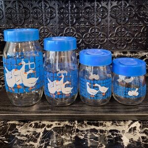 1982 Carlton Blue Gingham Geese Glass Jars, Vintage Kitchen Cannister Set